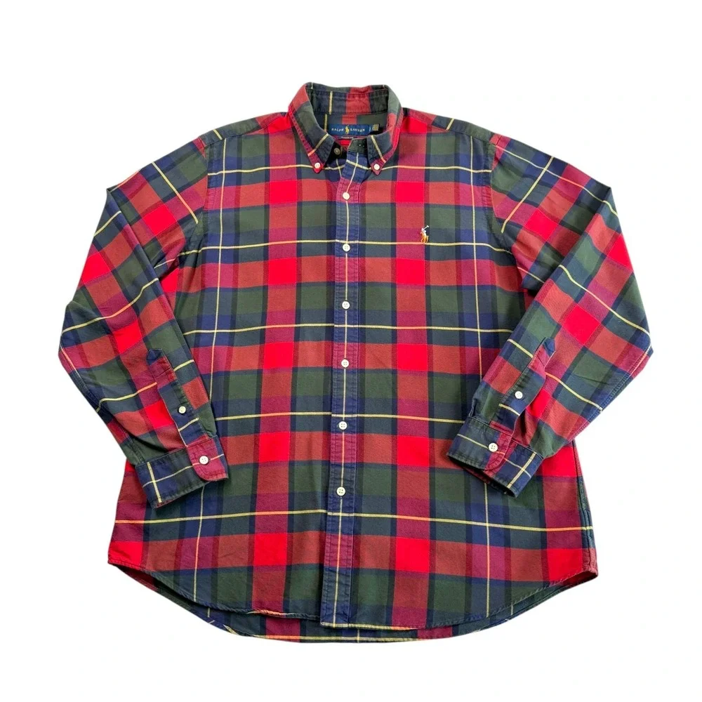 Polo Ralph Lauren Mens Classic Fit Plaid Button Down Shirt Sz L Red Green Tartan